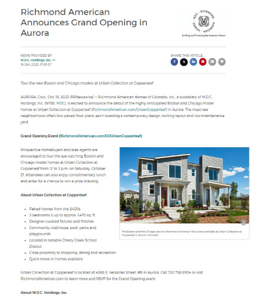 Richmond American's press release for its grand opening.