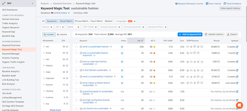 Semrush's Keyword Magic Tool showing long-tail keywords.