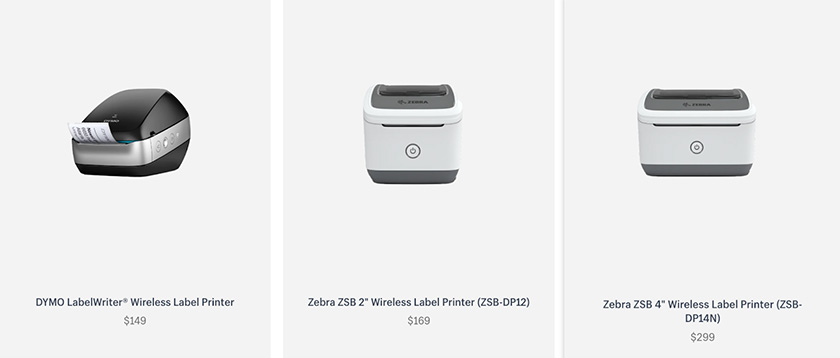 Shopify-compatible barcode printers from DYMO and Zebra with corresponding prices.