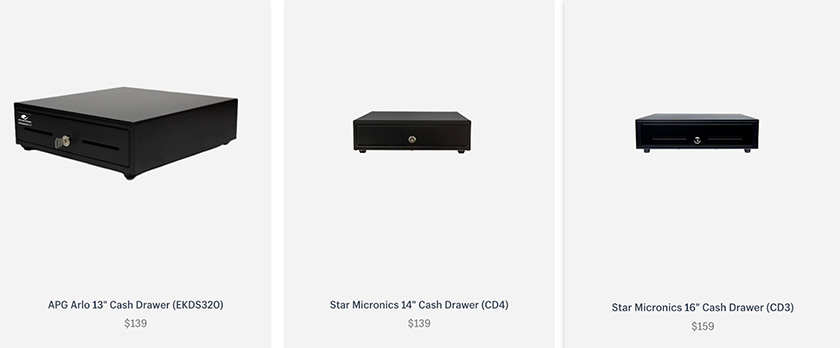 Shopify-compatible cash drawers from APG and Star Micronics with corresponding prices.