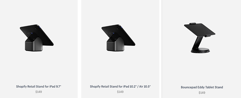 Shopify-compatible device stands with corresponding prices.