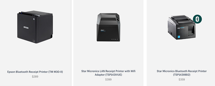 Shopify-compatible receipt printers from Epson and Star Micronics with corresponding prices.