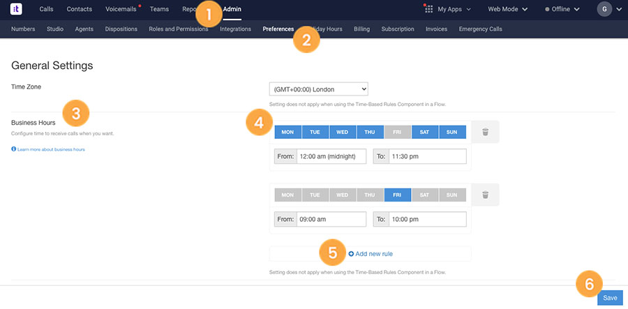 Talkdesk interface showing the business hours general settings, which allows users to select the days of the week and start and end times for accepting calls.