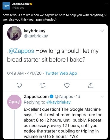 A screenshot showing one of Zappos' personalized response to a customer's question on Twitter.