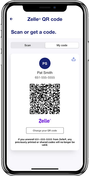 Zelle QR Code on U.S. Bank mobile app.