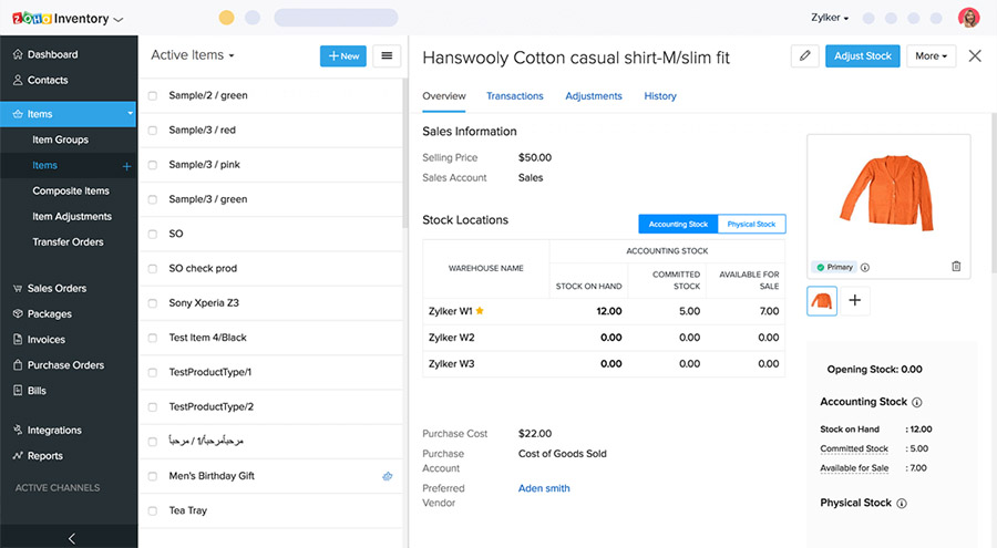 The Zoho Inventory web app with the item details of a pink cotton shirt pulled up.