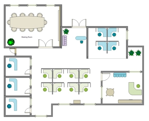 An image of an office layout with separate rooms.