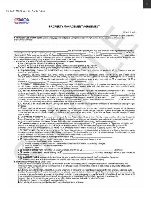 A screenshot of a sample property management agreement.