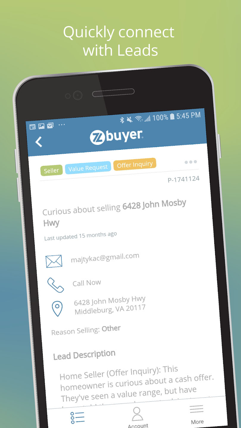 zBuyer mobile app showing lead description.
