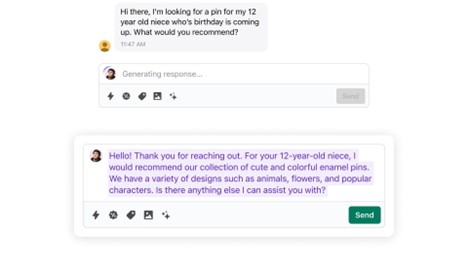 An example on how Shopify AI tools help with generating personalized answers in Shopify Inbox's incoming chat from customers