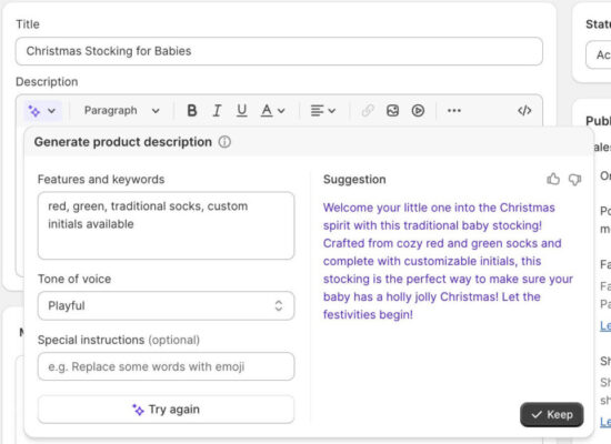 An example of Shopify Magic generating product descriptions in the Shopify admin