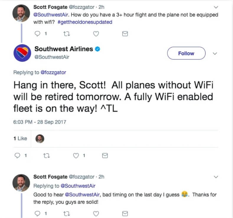 A screenshot of a Twitter thread between Southwest Airlines and a customer.