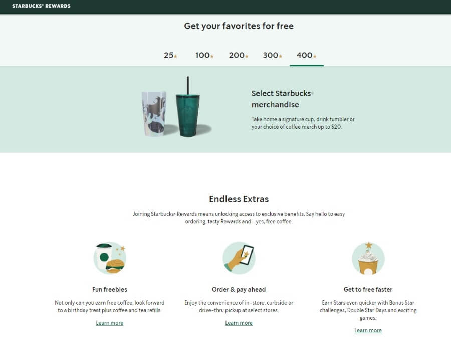 Examples of Starbucks rewards for loyal customers.