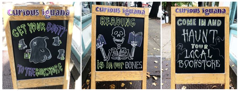 Halloween chalkboard entrance signs retail display local bookstore 