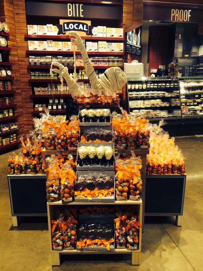 Halloween retail display of candy assortments with a mummy centerpiece