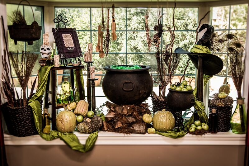 Halloween window retail display cauldron witch hat gourds elegant