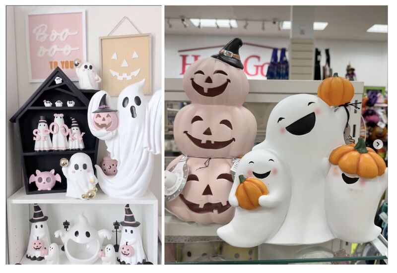 Target and HomeGoods retail halloween displays of Pinkoween pink skulls pastel pumpkins