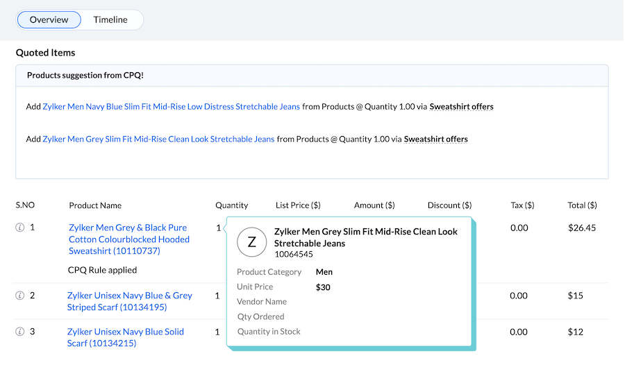 Zoho CRM's sample quote with product suggestions from its CPQ software and applied discounts and tasks.