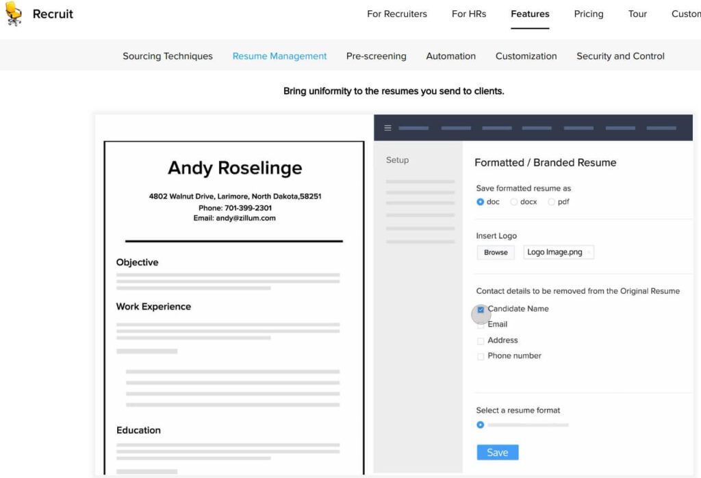 Screenshot of ZohoRecruit resume management page