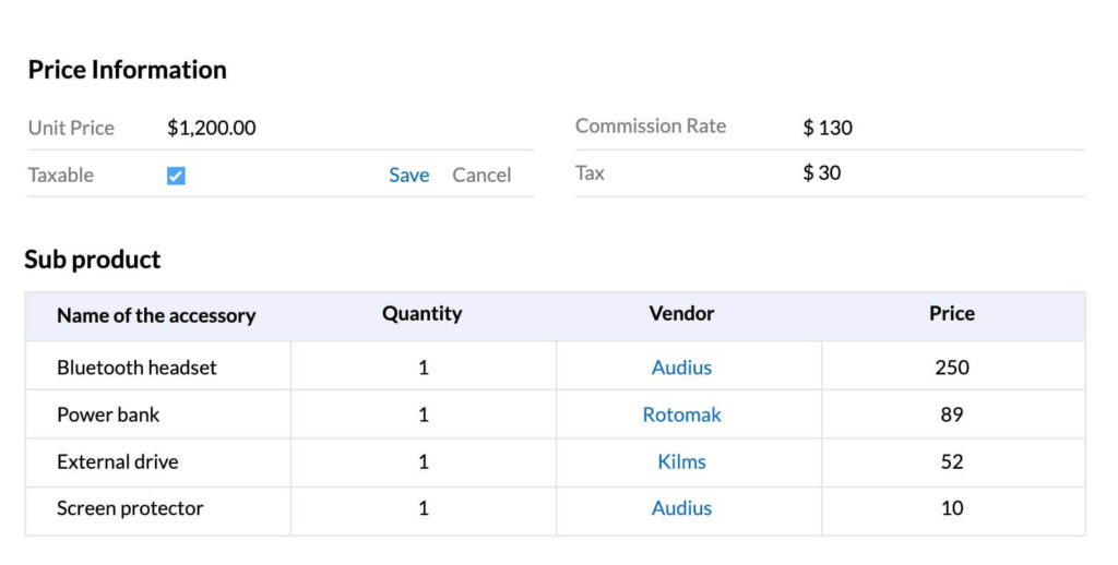 Viewing a price estimate with sub-quoting options in Zoho CRM.
