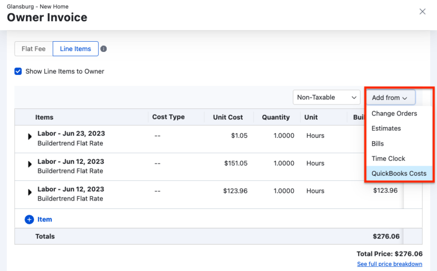 Owner invoice screen showing how to create an invoice from other Buildertrend features like change orders and estimates.