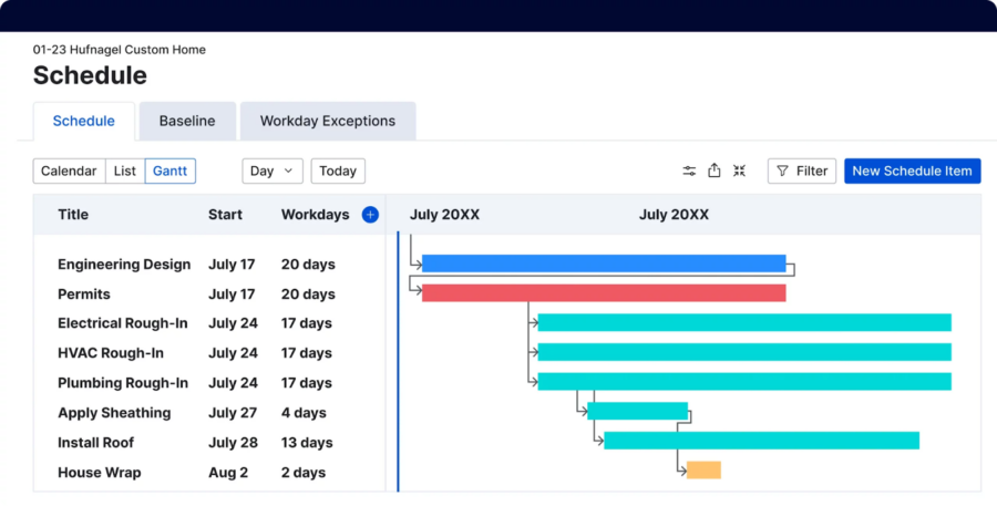 Screen where you can track project schedules in Buildertrend.