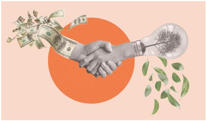 an illustration showing a handshake between a hand with dollar bills extending from it and a hand with a tree and a lightbulb extending from it.