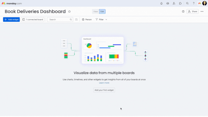 A GIF showing a monday.com user adding the timeline widget in the "Book Deliveries Dashboard" workspace