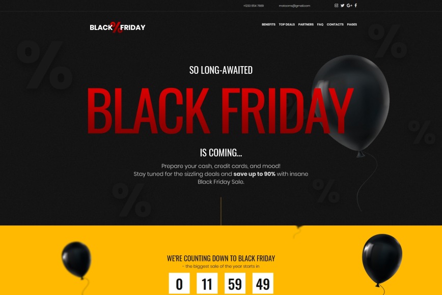Black Friday webpage in black and red with a yellow bar with countdown. 