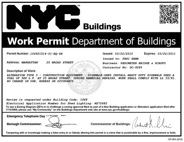 A black and white work permit from the Department of Buildings