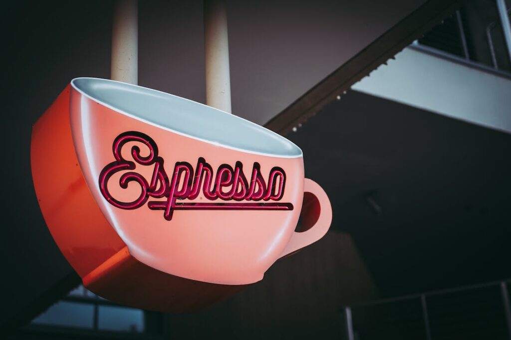 Mug-shaped neon sign reading espresso