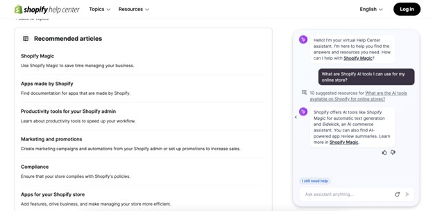 Shopify Help Center page with chatbot suggestions