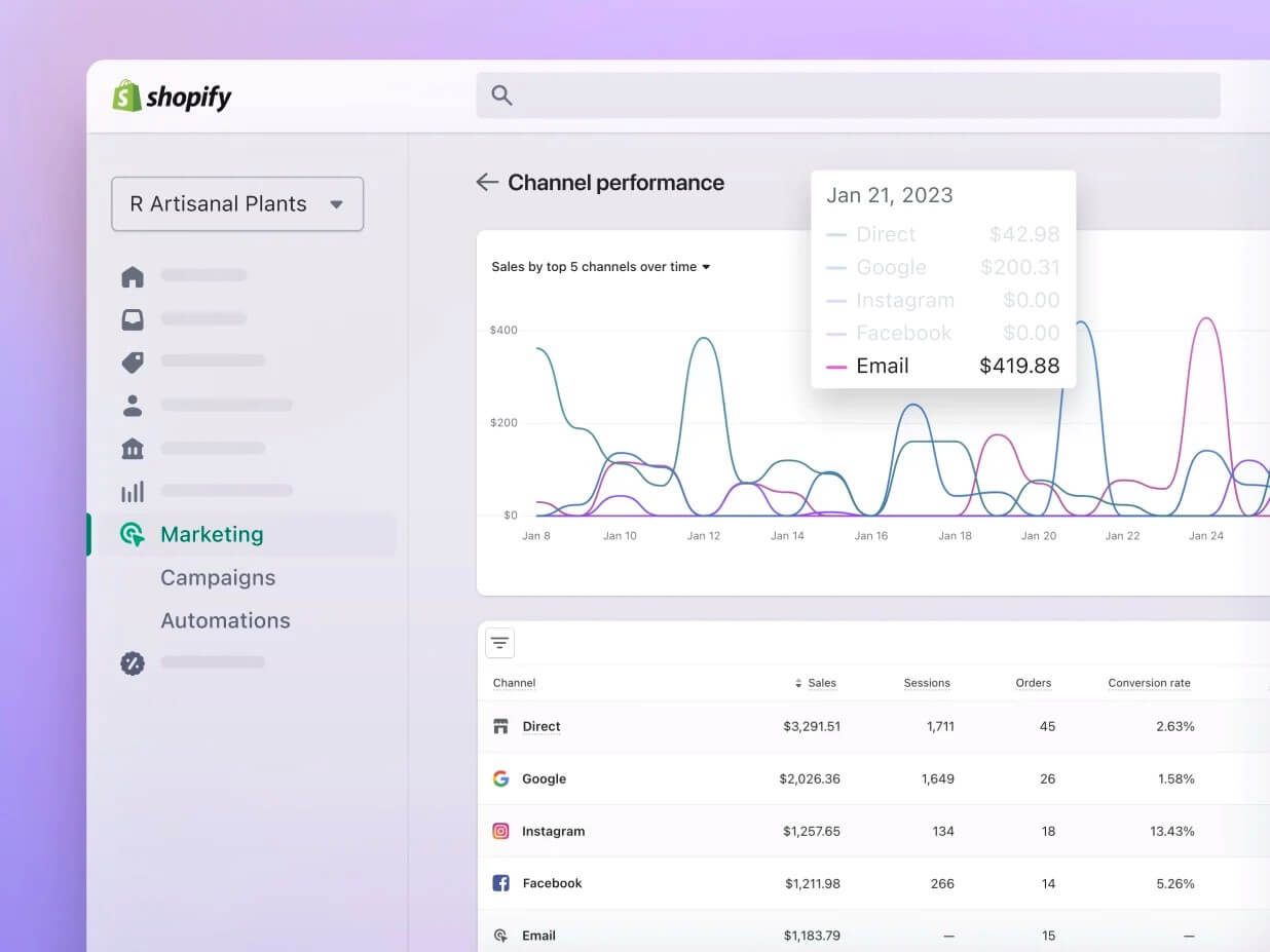 shopify marketing tools analytics data example