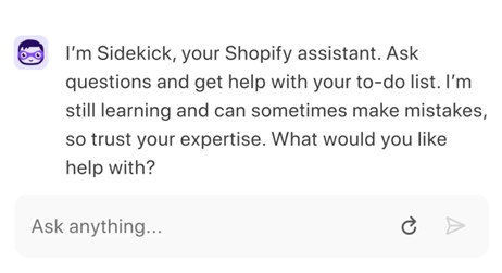 A screenshot of Shopify Magic Sidekick greeting