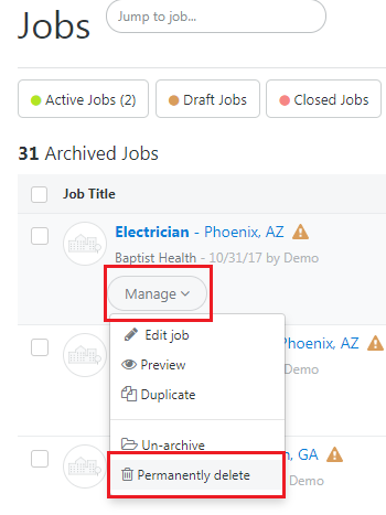 job management dashboard with buttons for active jobs, draft jobs, and closed jobs