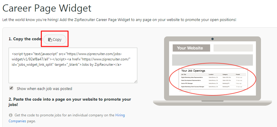 career page widget with button to copy code