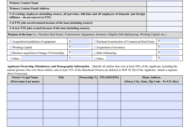 A screenshot of the Bottom half of page 1 of SBA Form 1919