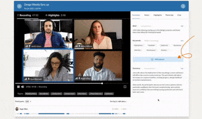 A GIF showing a user clicking the video meeting transcript and selecting the "Whiteboard" option.