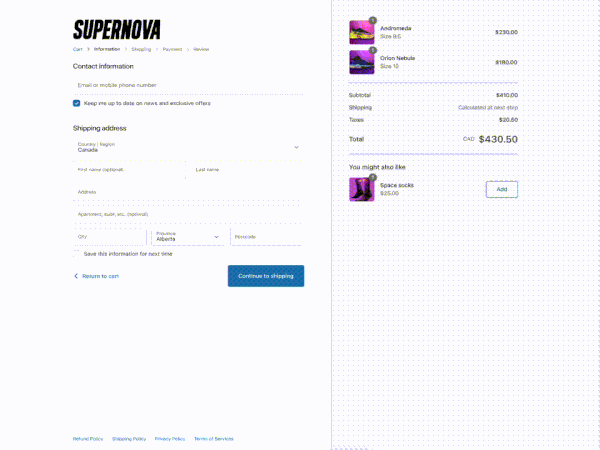 An example of a Shopify Plus custom checkout page.