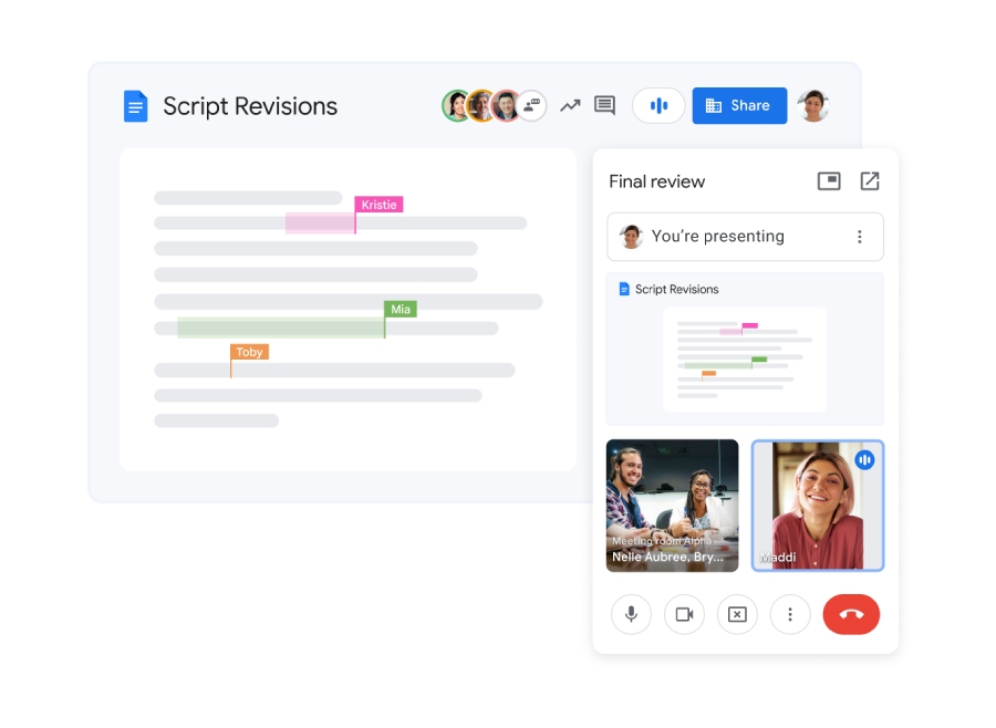 Google Meet call with simultaneous presenting and collaborative document editing.