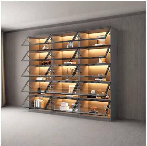 Grey room with backlit shelving built into wall