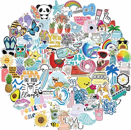 100 colorful stickers with various designs for children, including fruit, animals, and rainbows.