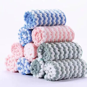 Ten striped microfiber towels in various colors rolled up and arranged in a pyramid.