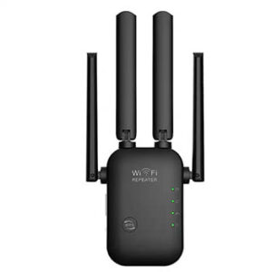 A black Wi-Fi extender device with four antennae and four green lights on the front.