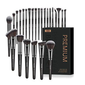 A set of 25 makeup brushes with black handles, silver accents, and brown bristles arranged around a black box.