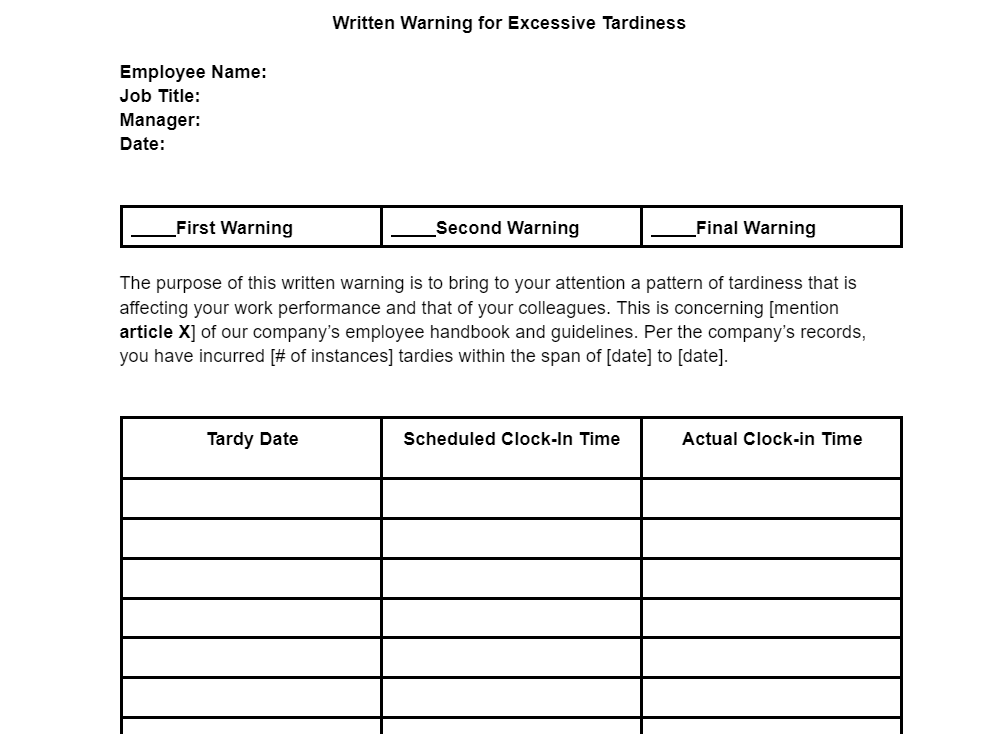 Written Warning for Excessive Tardiness Template