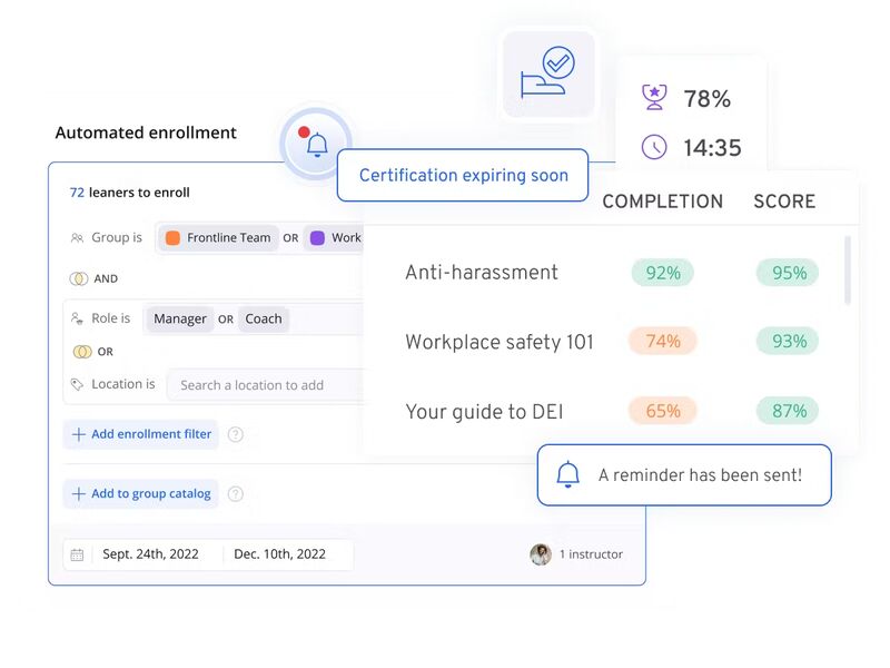 360Learning's automated enrollment tool shows a certification tracker at the right and an enrollment page on the left with required data fields to group users to specific courses based on roles, location, team, or job.