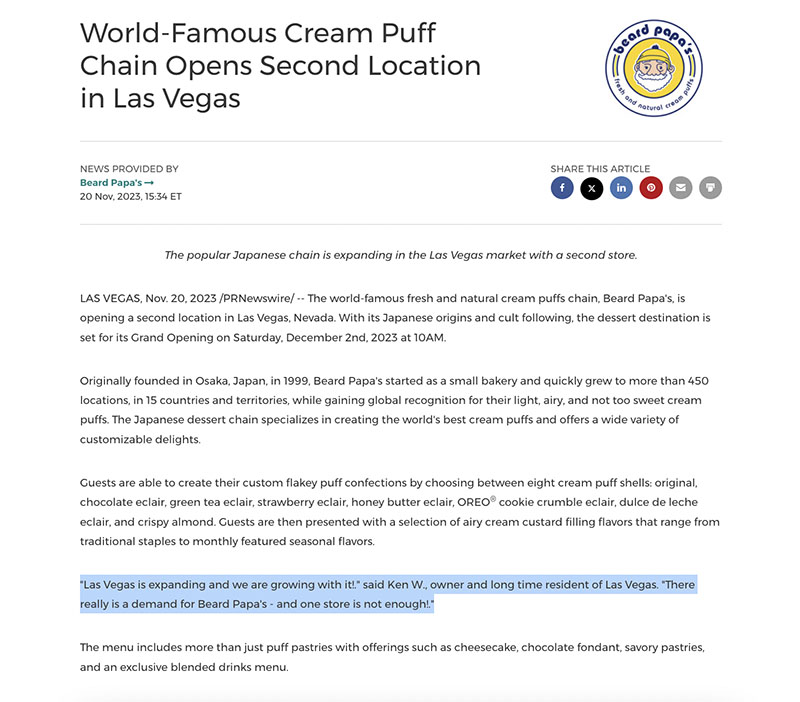 Quotes in Beard Papa's press release.