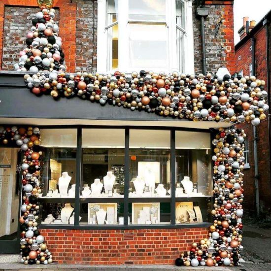 Christmas retail window display example holiday Christmas balls