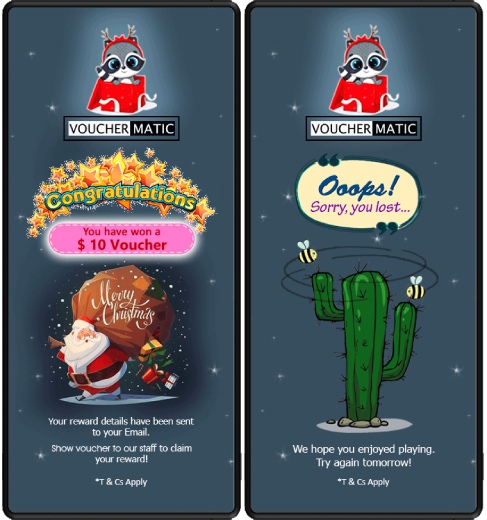 Example of a gamification idea for holiday session for retail stores free vouchers win and lose examples.